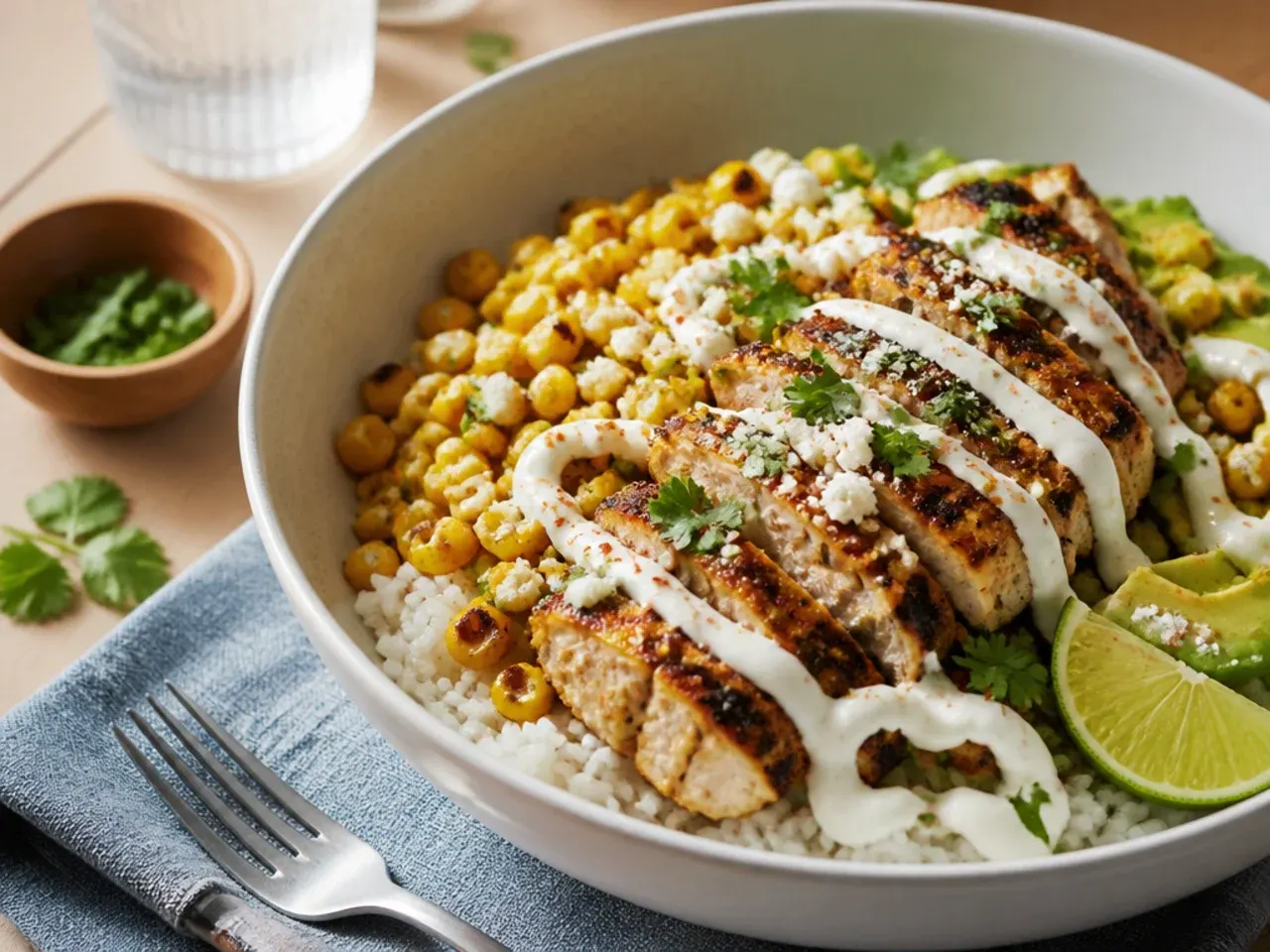 Quick zesty street corn chicken rice bowl assembled in fifteen minutes