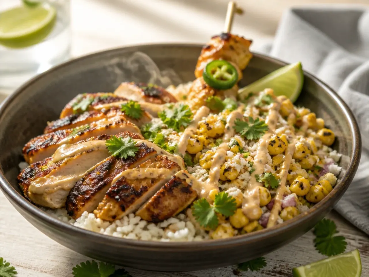 Homemade zesty street corn chicken rice bowl with cilantro lime rice made from scratch