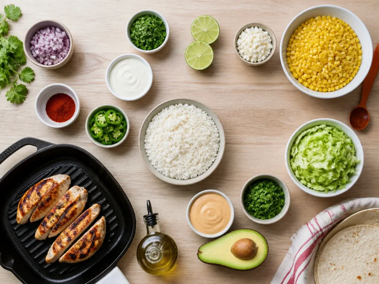 Close-up of corn charring in a hot cast-iron pan for a street corn chicken rice bowl