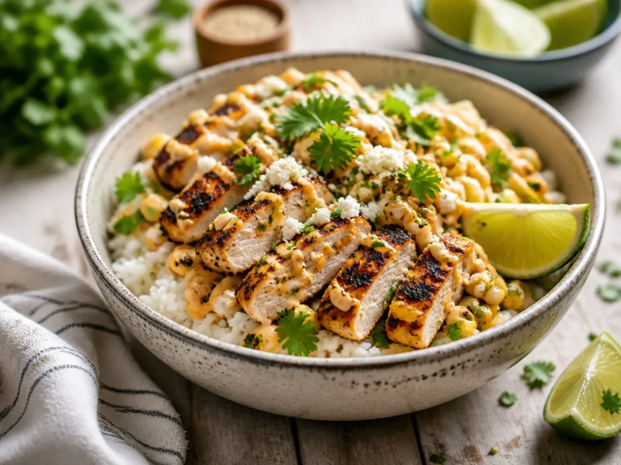 Zesty street corn chicken rice bowl served with lime wedges and warm tortillas on the side