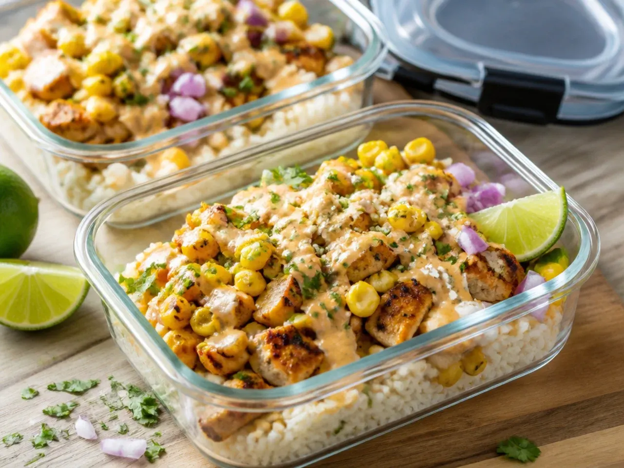 Zesty street corn chicken rice bowl leftovers stored in meal prep containers in the fridge