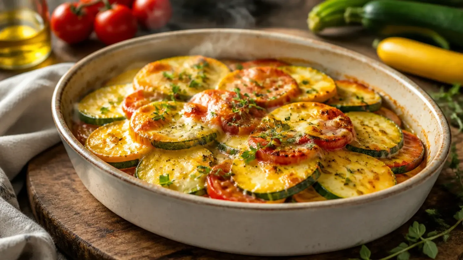 Sliced zucchini and yellow squash baked golden and bubbling in a cheesy casserole dish
