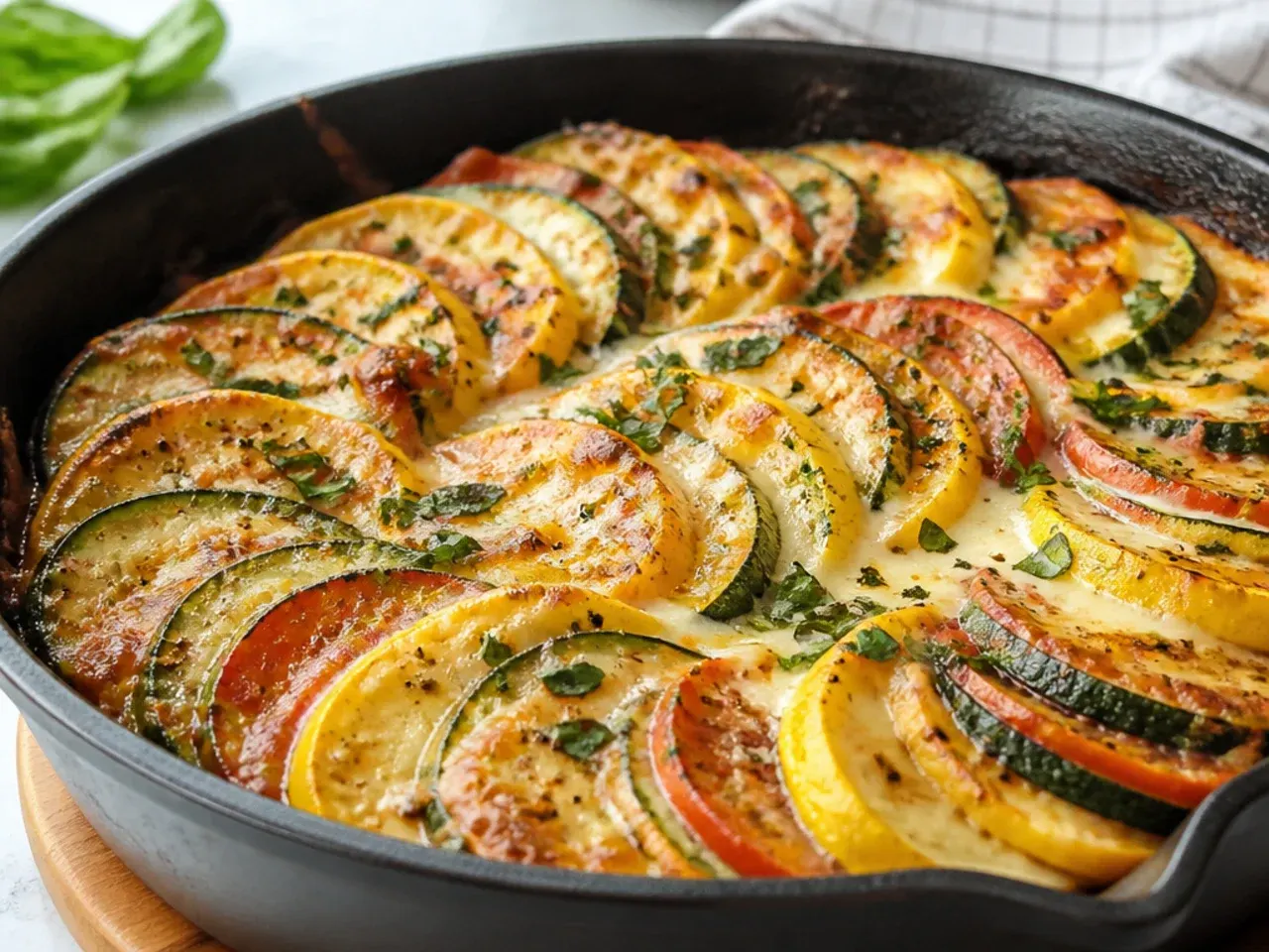 A wooden table spread with several finished zucchini and squash dishes, bakes and salads