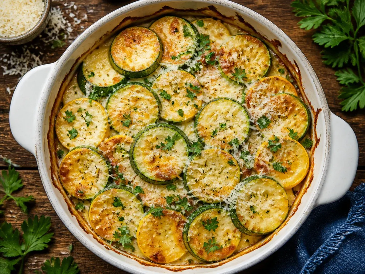 Golden Parmesan-topped zucchini and squash bake in a white ceramic dish