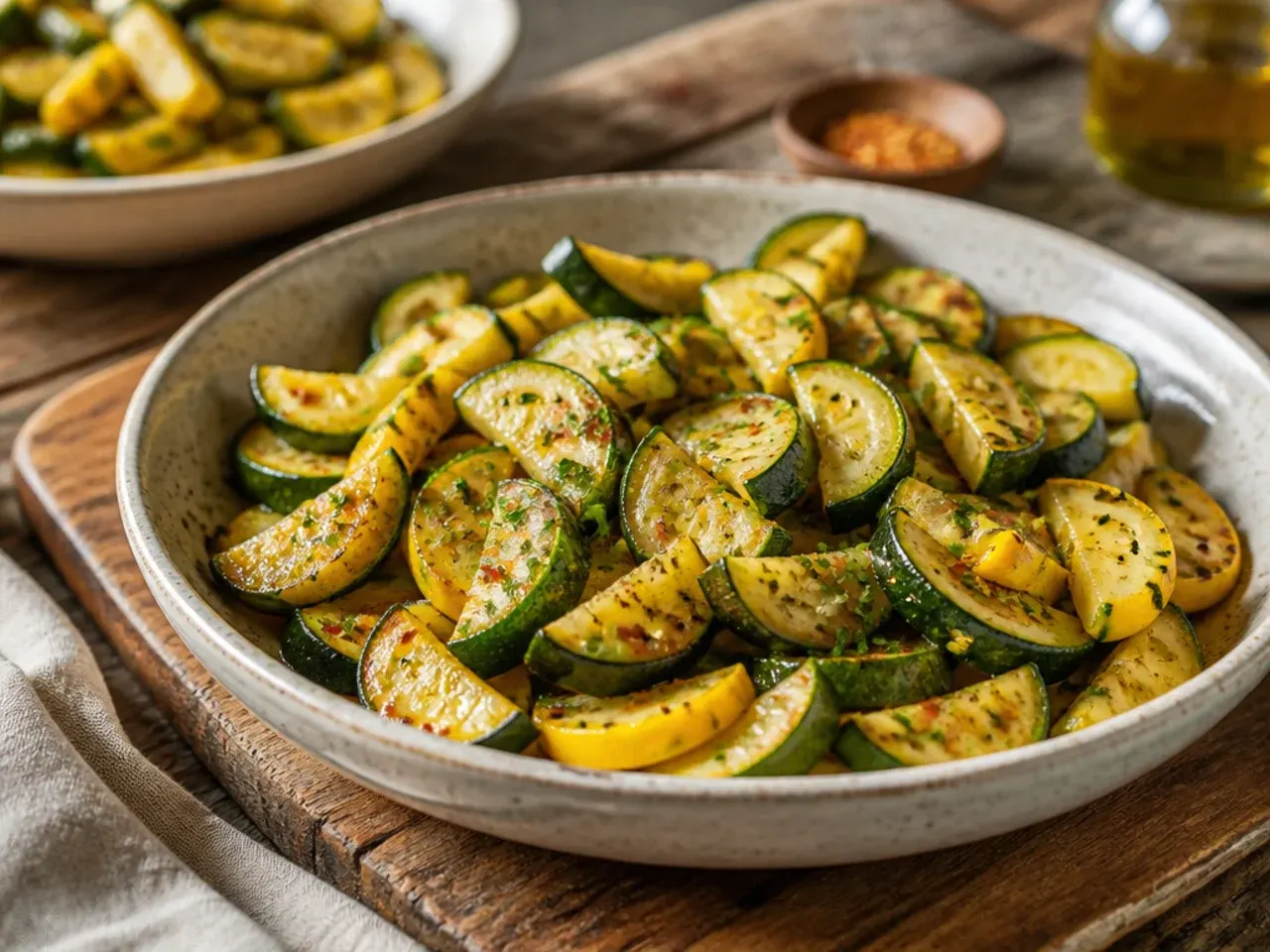Sautéed zucchini and squash half-moons in a skillet with lightly browned edges