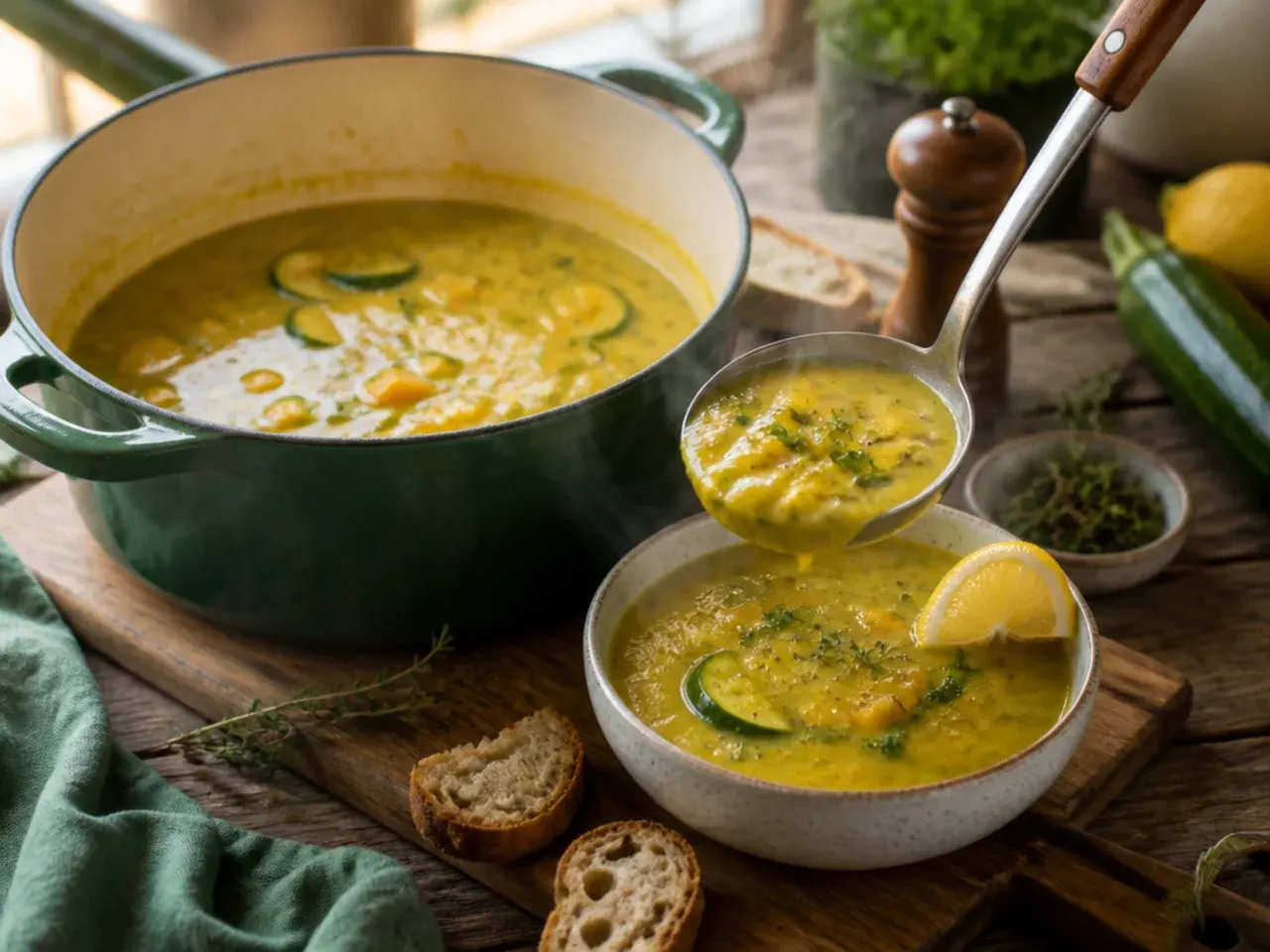 A bowl of creamy pale green zucchini and squash soup with a swirl of cream