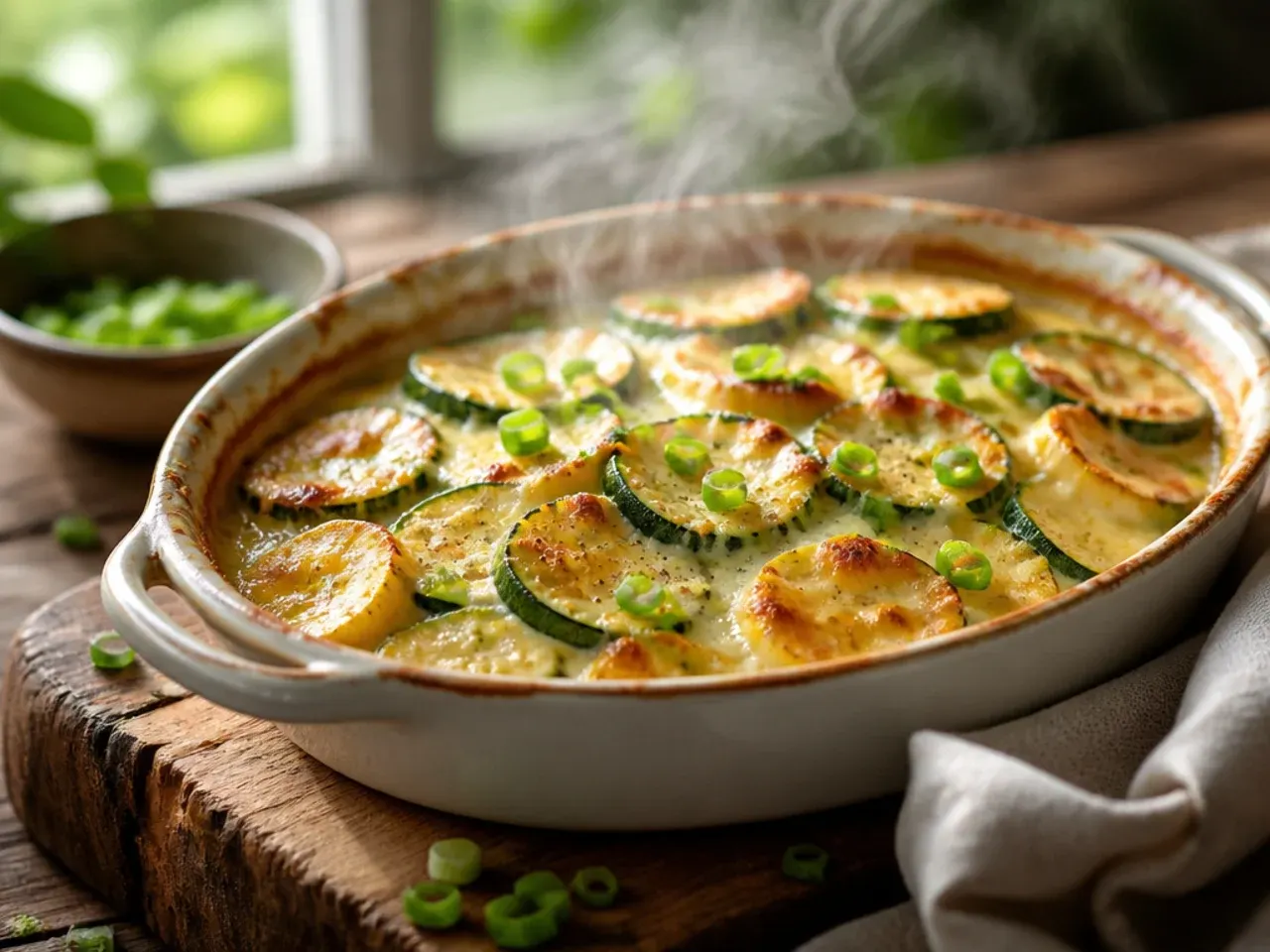 Creamy zucchini and squash gratin bubbling in a baking dish with a golden crust