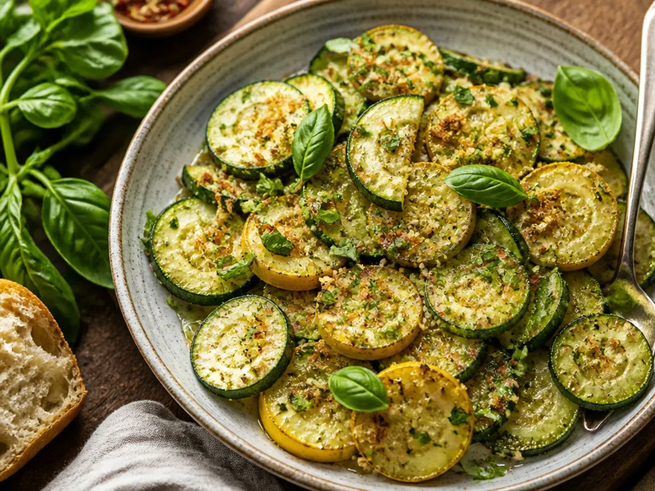 Sliced zucchini glazed in garlic butter with chopped parsley in a pan