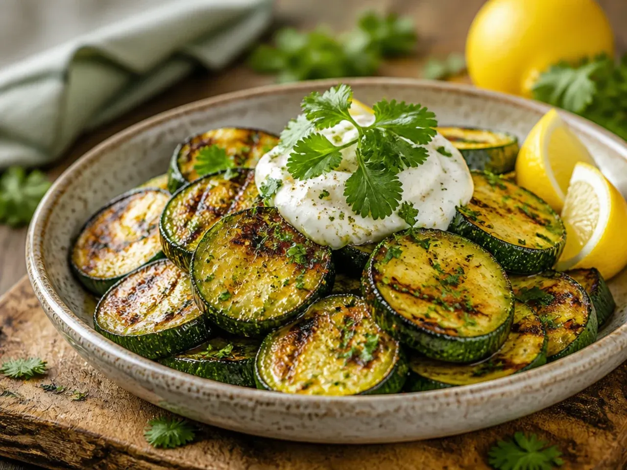 Grilled zucchini and squash planks with visible char marks and lemon herb dressing