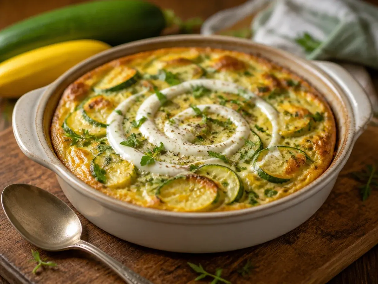 A sliced zucchini and squash frittata wedge showing egg and vegetable layers
