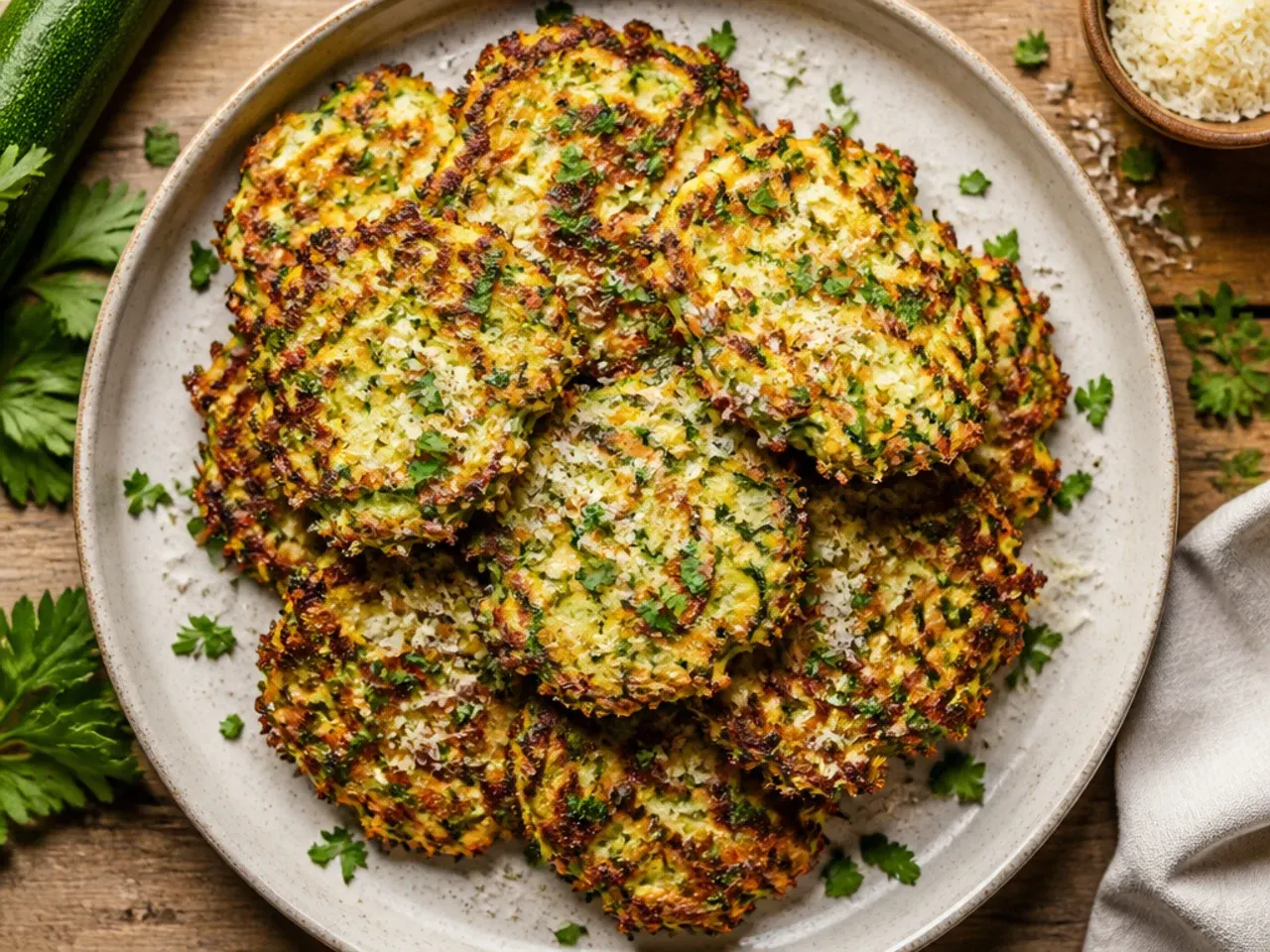 Golden fried zucchini fritters stacked on a plate with a dollop of yogurt