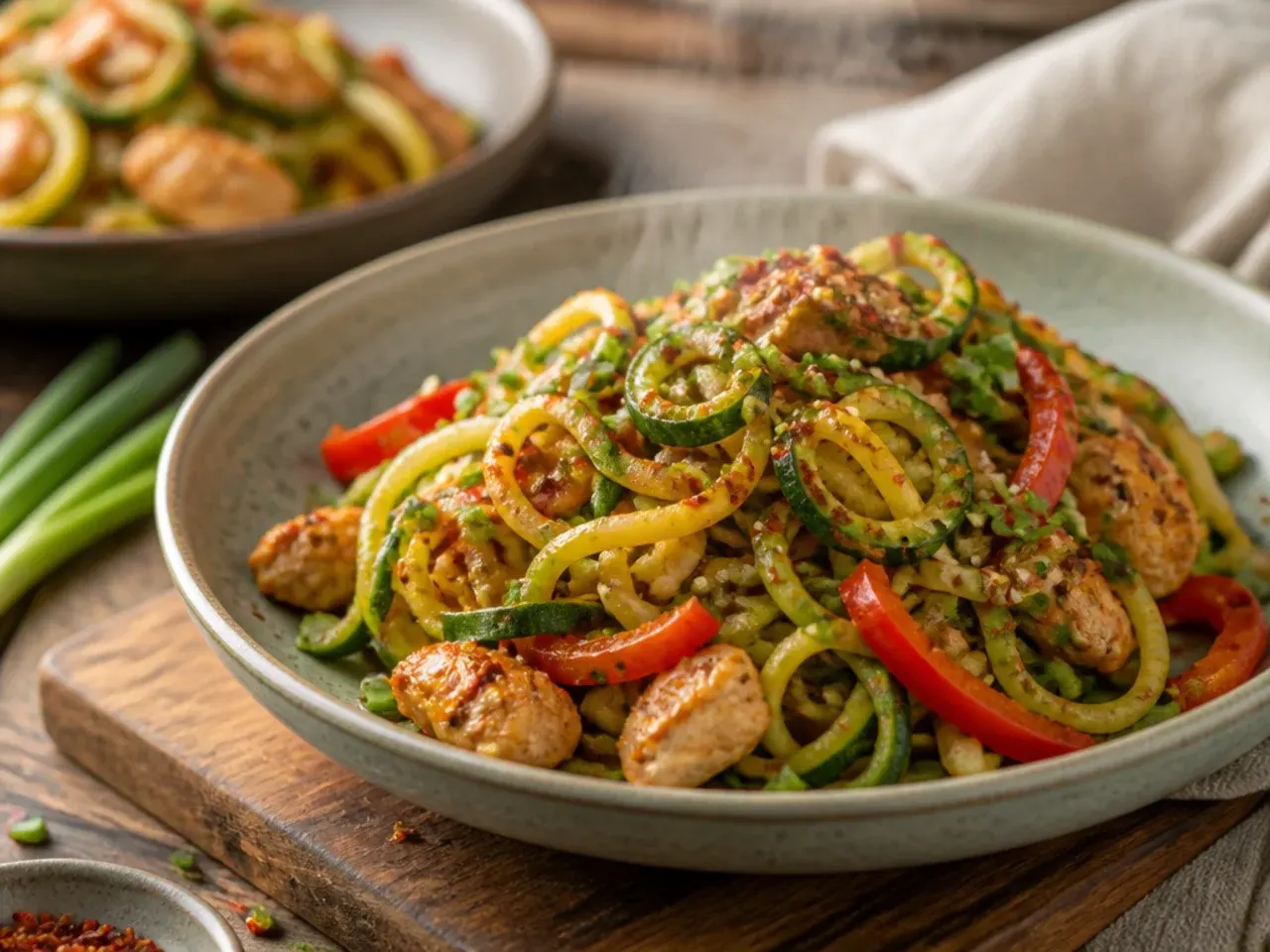 Spiralised zucchini and squash noodles stir-fried in a wok with garlic and ginger