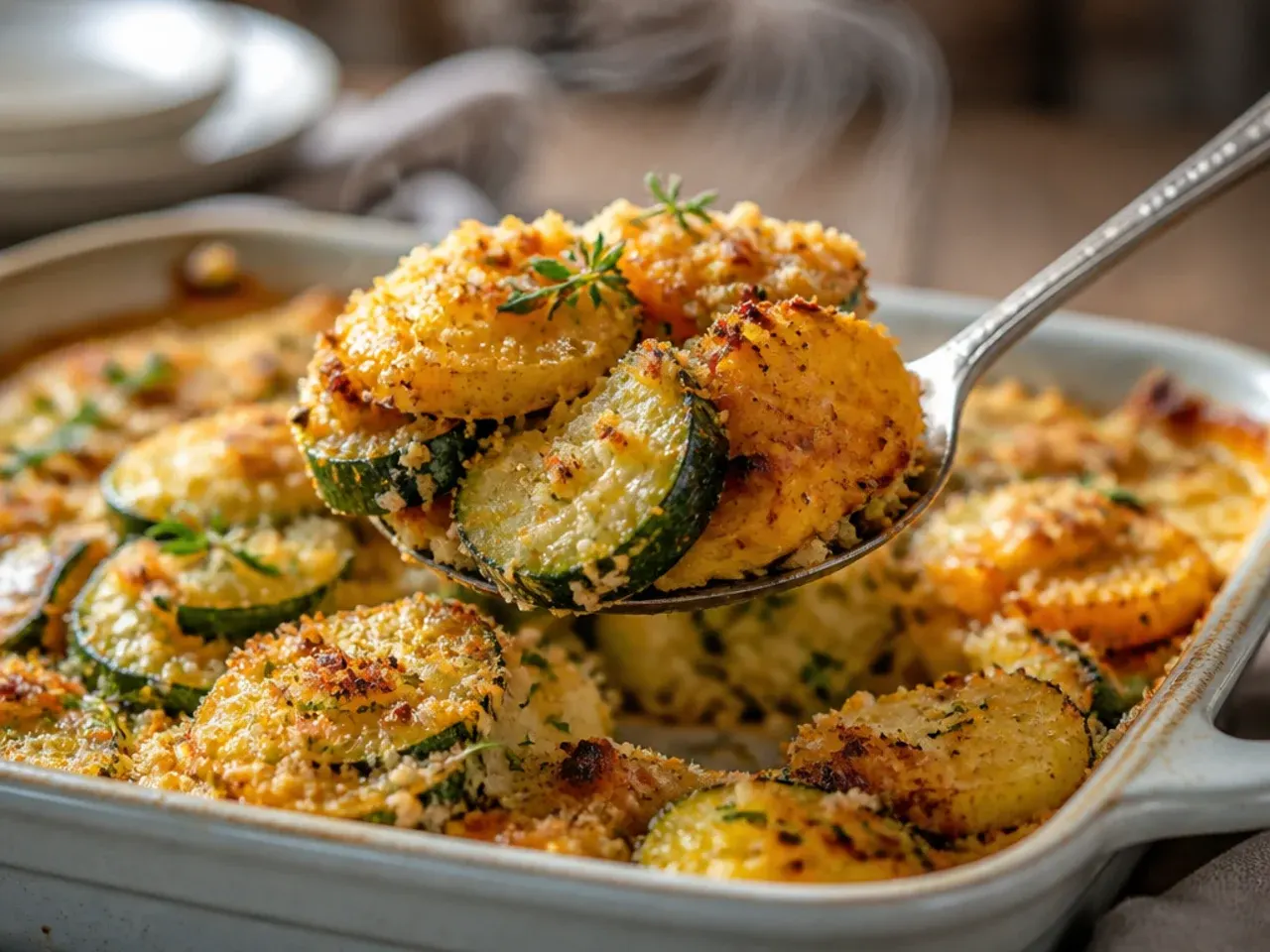 Roasted zucchini and squash wedges with charred edges and whole garlic cloves on a tray