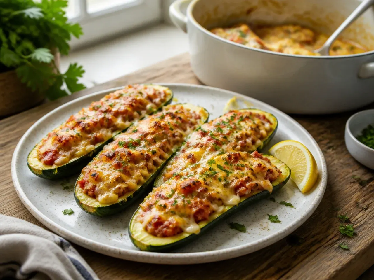 Zucchini boats filled with cheesy sausage stuffing fresh out of the oven