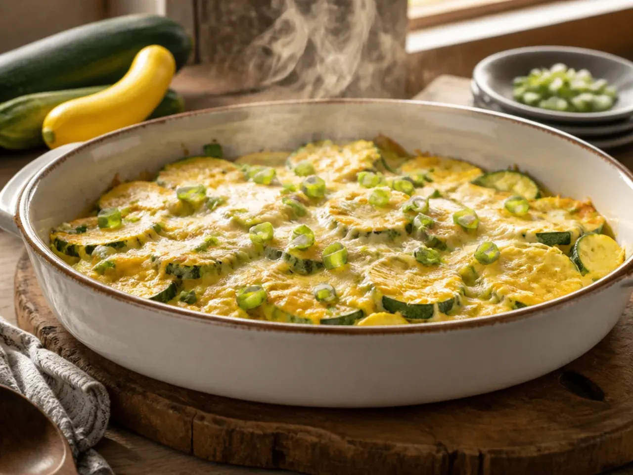 A large family-size zucchini and squash casserole with a browned top, partly served