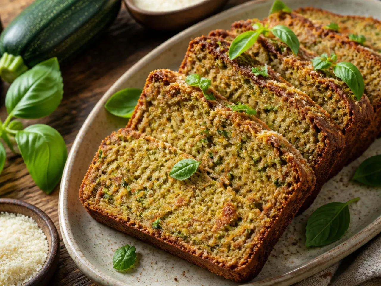 A sliced loaf of moist zucchini bread studded with walnuts on a cooling rack