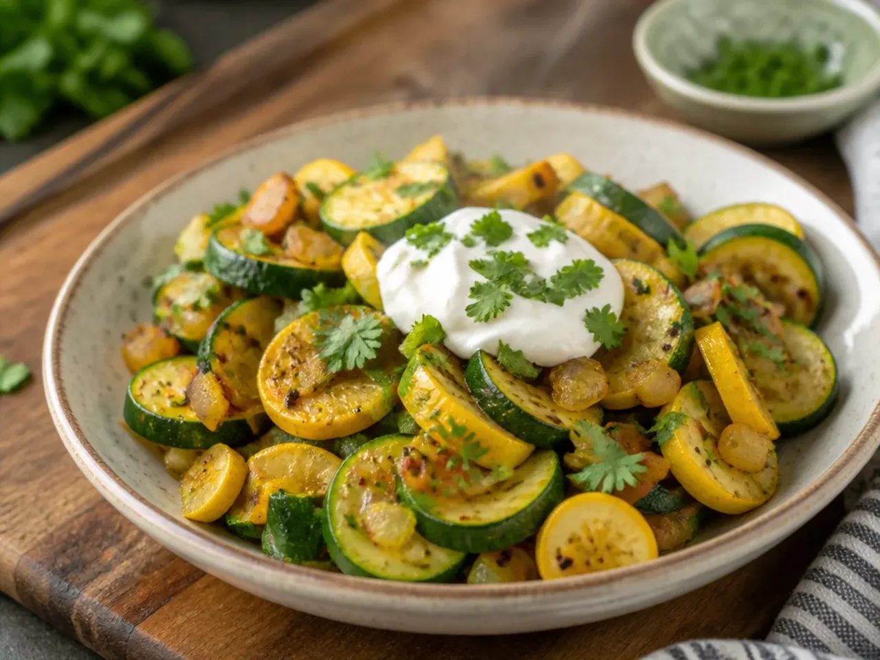 A skillet of glossy zucchini, squash and burst cherry tomatoes with torn basil