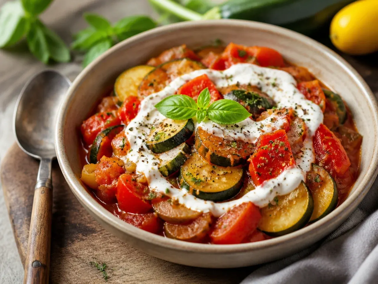 Overlapping rounds of zucchini, squash and tomato baked ratatouille-style in a dish