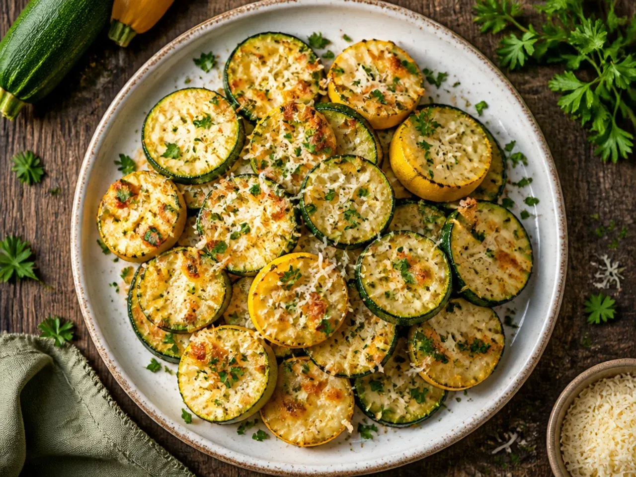 Crispy Parmesan-crusted squash rounds arranged on a wire cooling rack