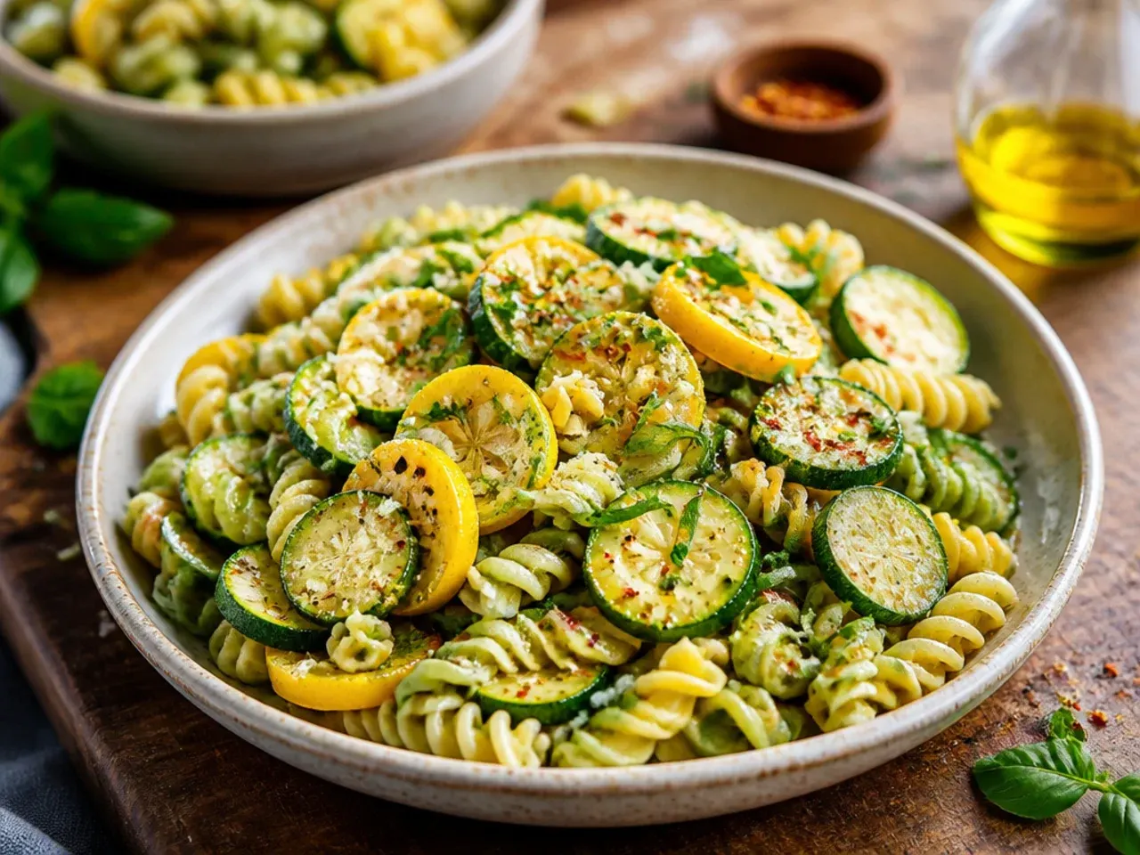 A bowl of pasta salad with shaved zucchini, squash ribbons, tomatoes and olives
