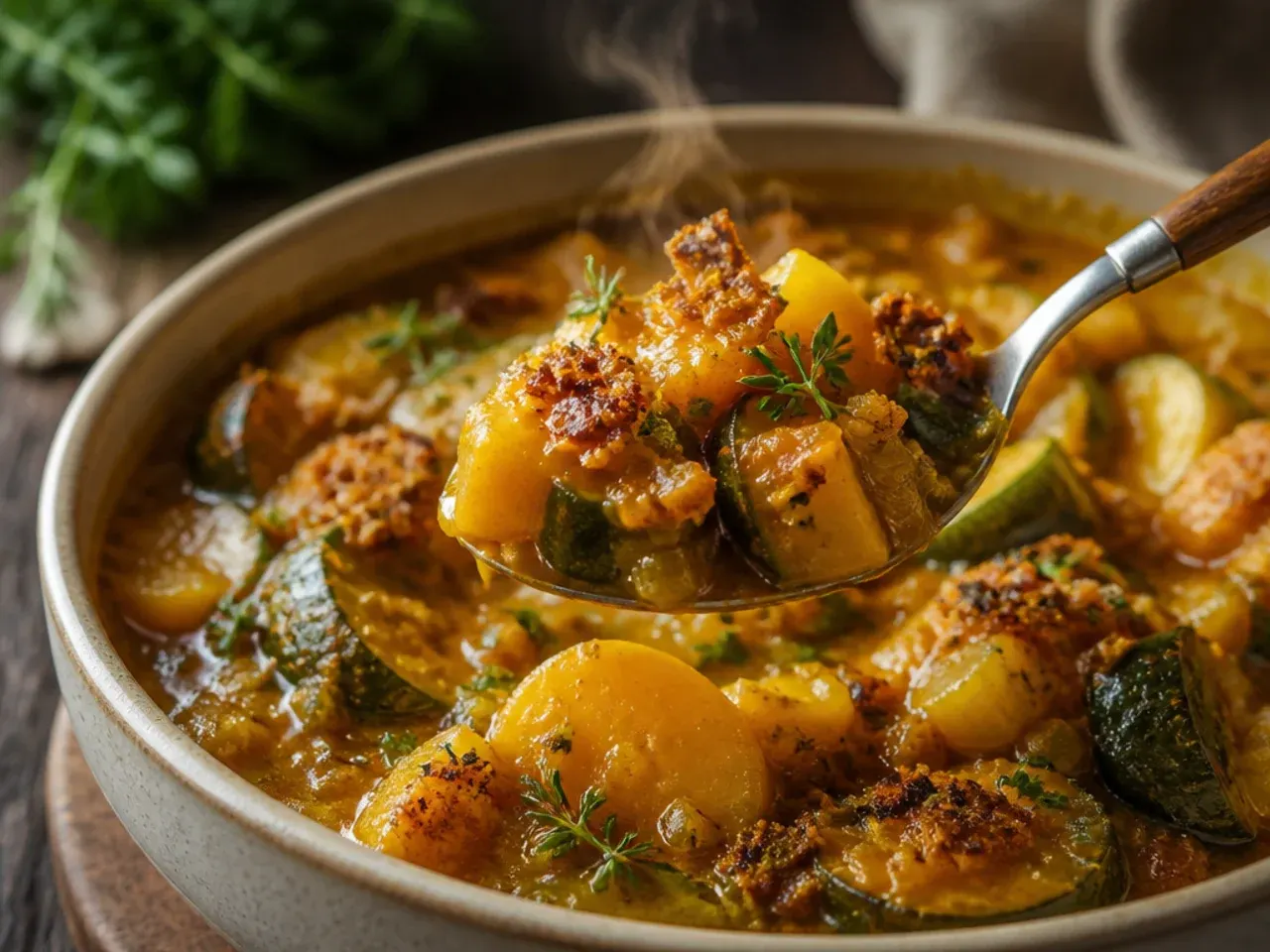 A pot of golden zucchini and squash curry in coconut milk with coriander on top