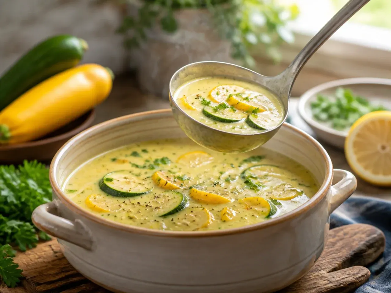 A bowl of silky creamy zucchini and squash soup with a drizzle of olive oil