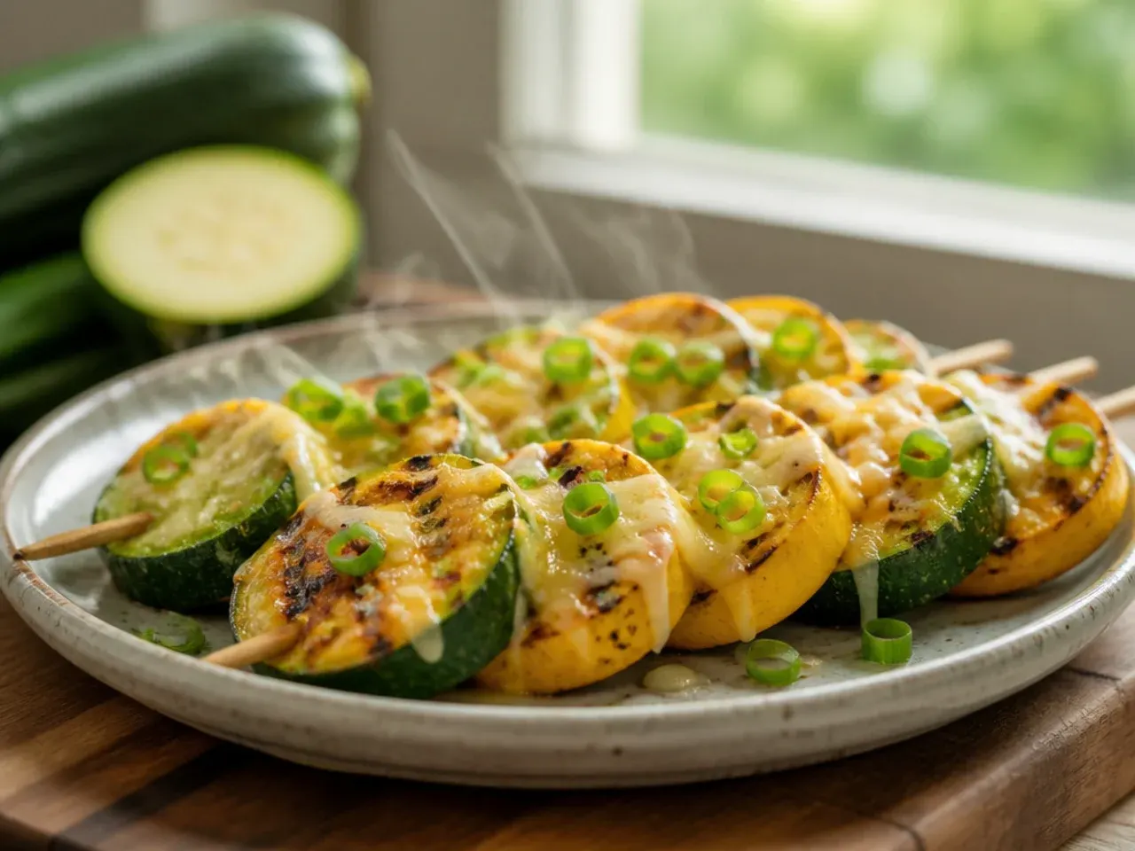 Grilled zucchini, squash and red onion skewers with visible char marks