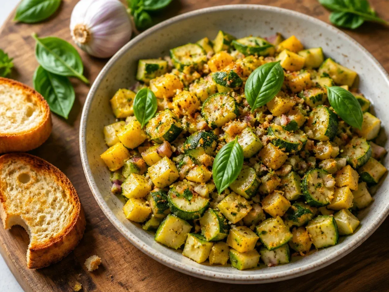 A bowl of chunky zucchini and squash salsa with sweetcorn and lime wedges