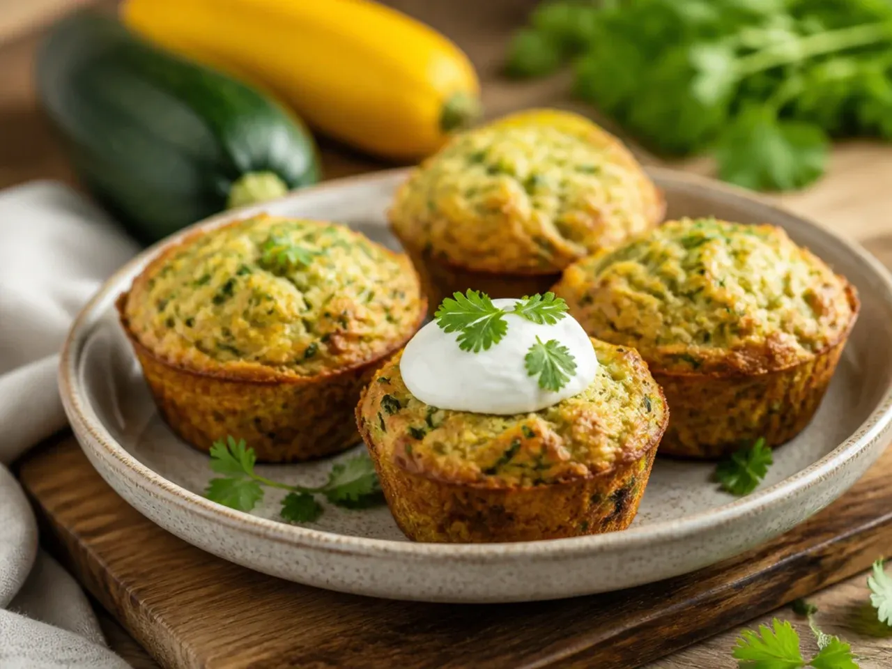 A tray of wholemeal zucchini and squash muffins cooling on a wire rack