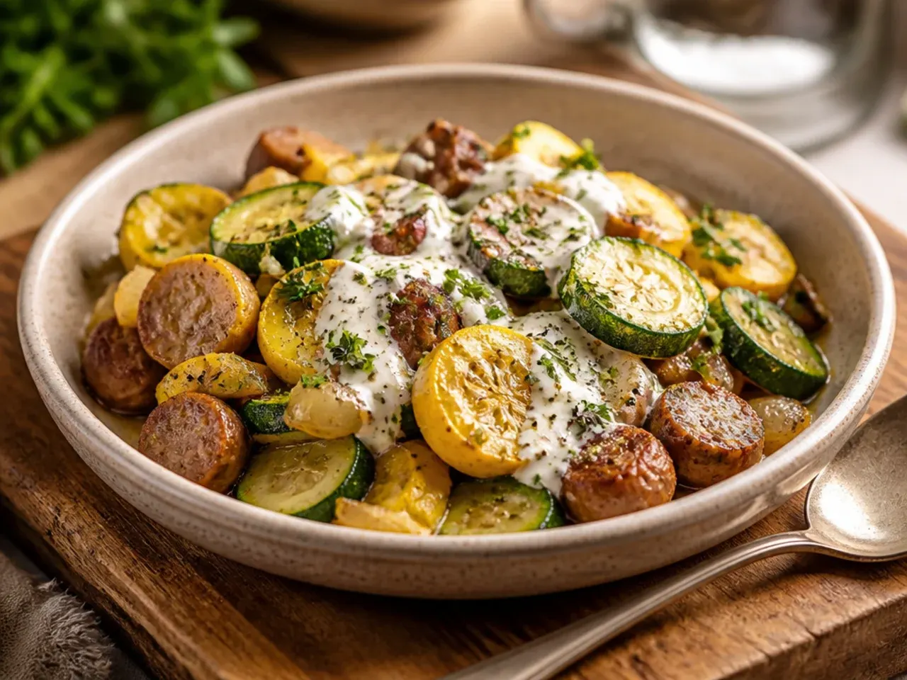 A skillet of browned sausage slices with zucchini and squash chunks
