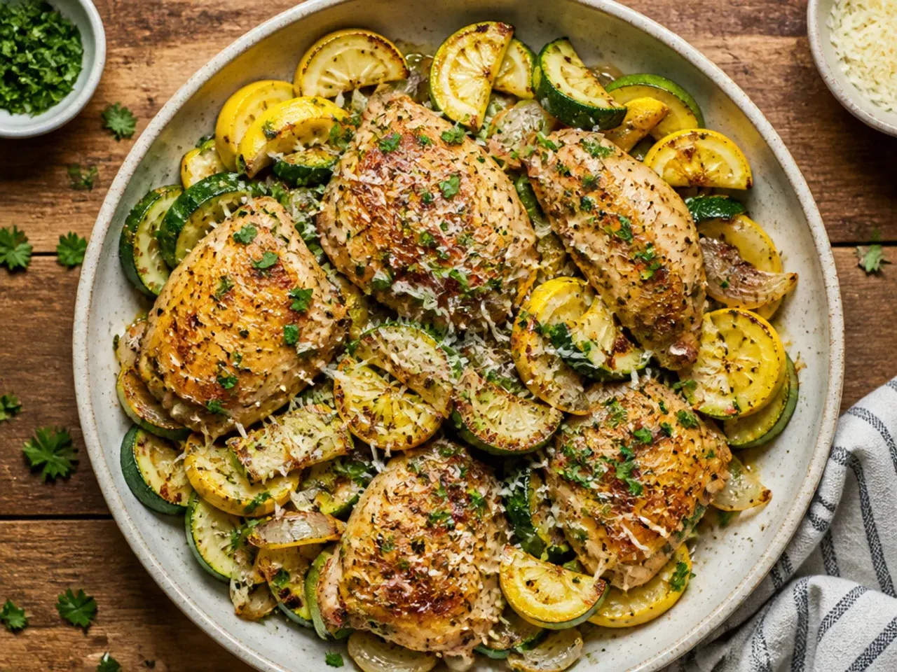 A sheet pan of roasted chicken thighs with zucchini and squash pieces