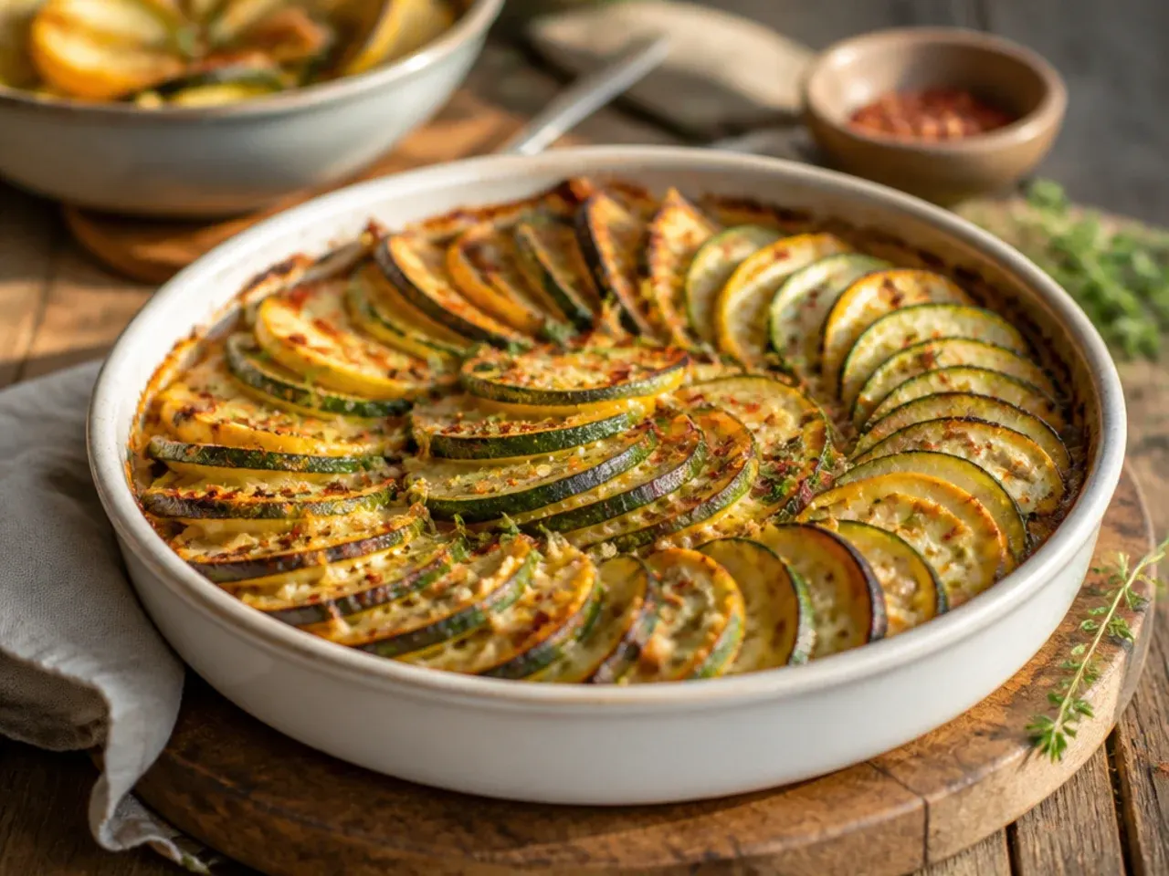 A round baking dish with zucchini, squash and tomato slices arranged in tight circles