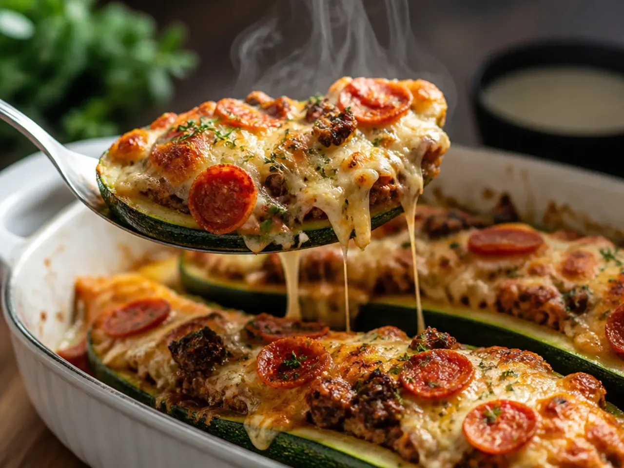 Zucchini halves topped with melted mozzarella and pizza toppings, fresh from the oven