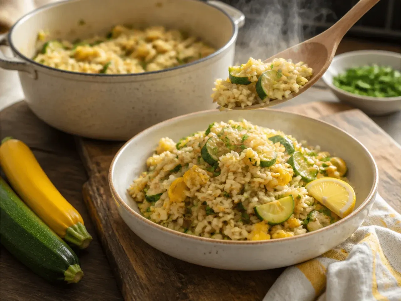 A wok of fried rice studded with diced zucchini and squash and scrambled egg