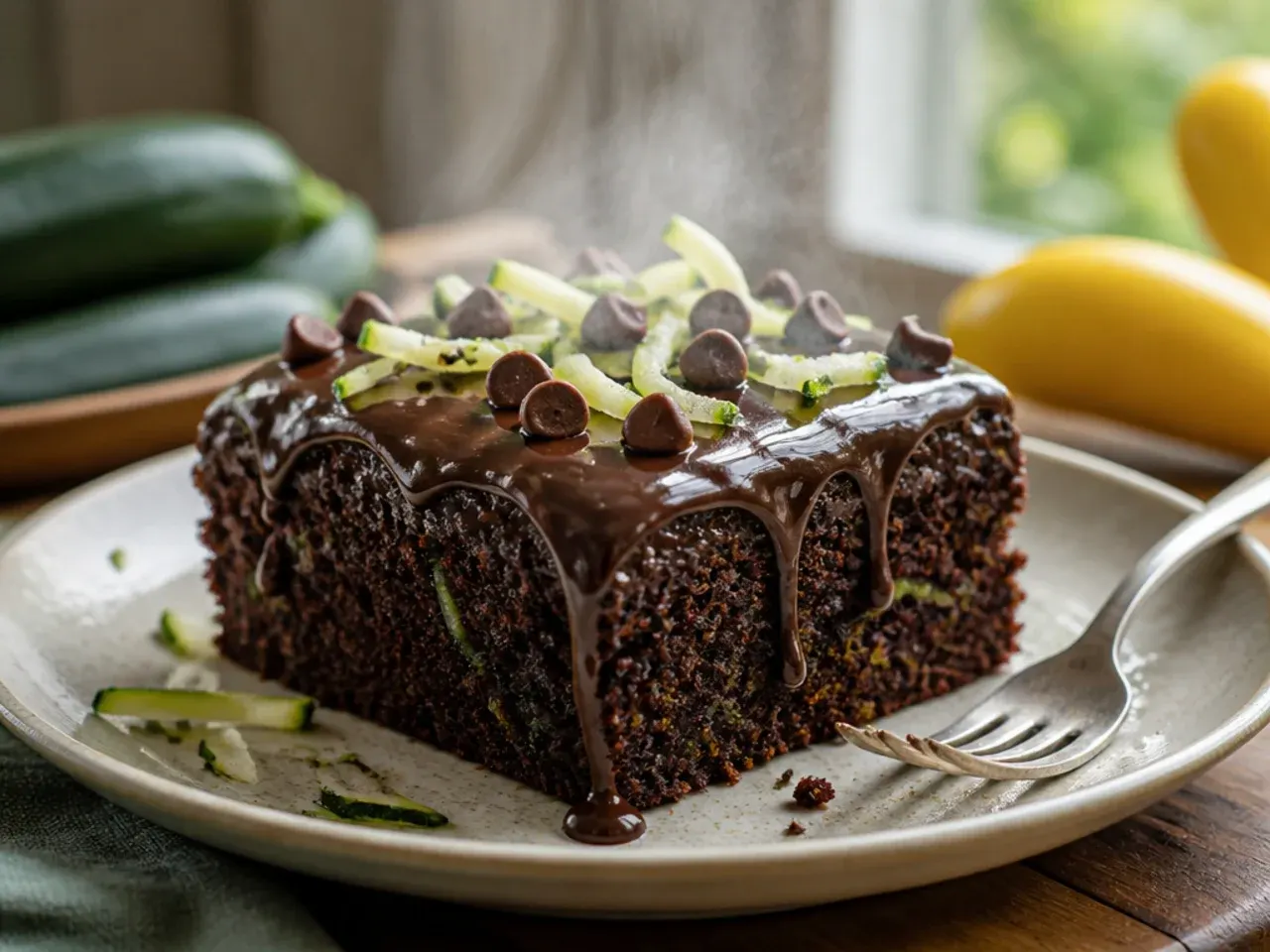 A slice of dark chocolate zucchini cake dusted with icing sugar