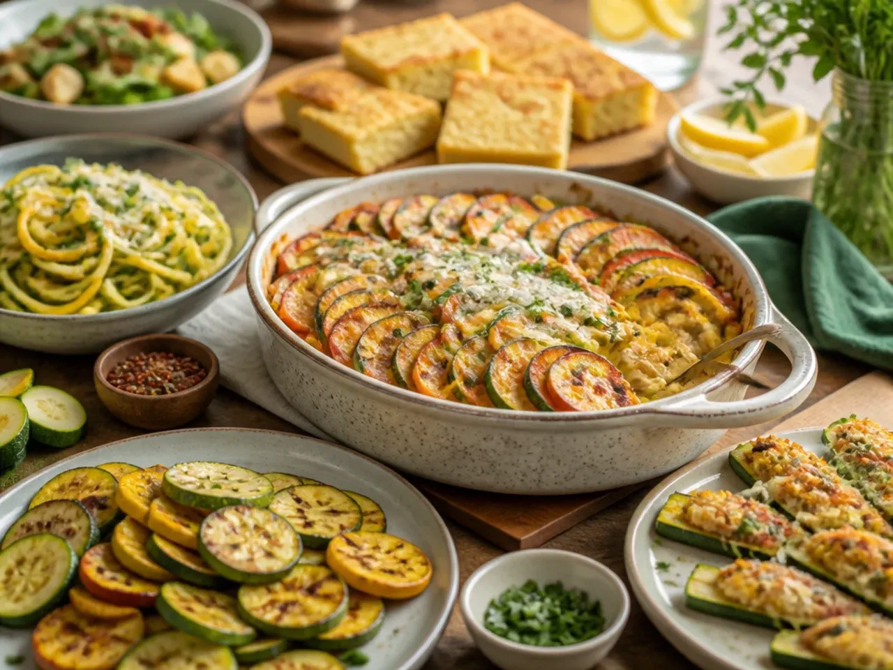 A dinner table set with a zucchini bake, grilled chicken and a green salad
