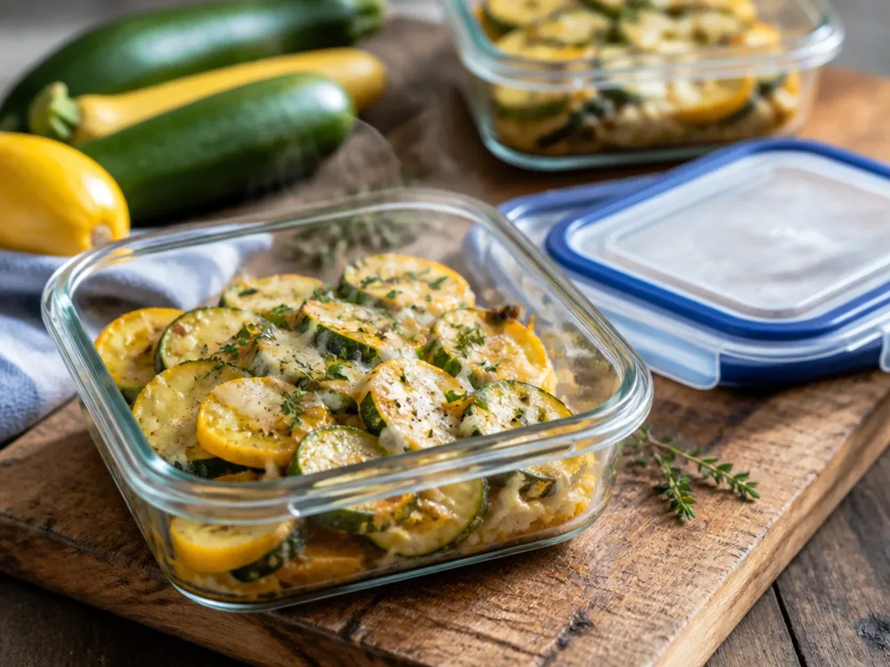Leftover zucchini and squash bake stored in a glass airtight container