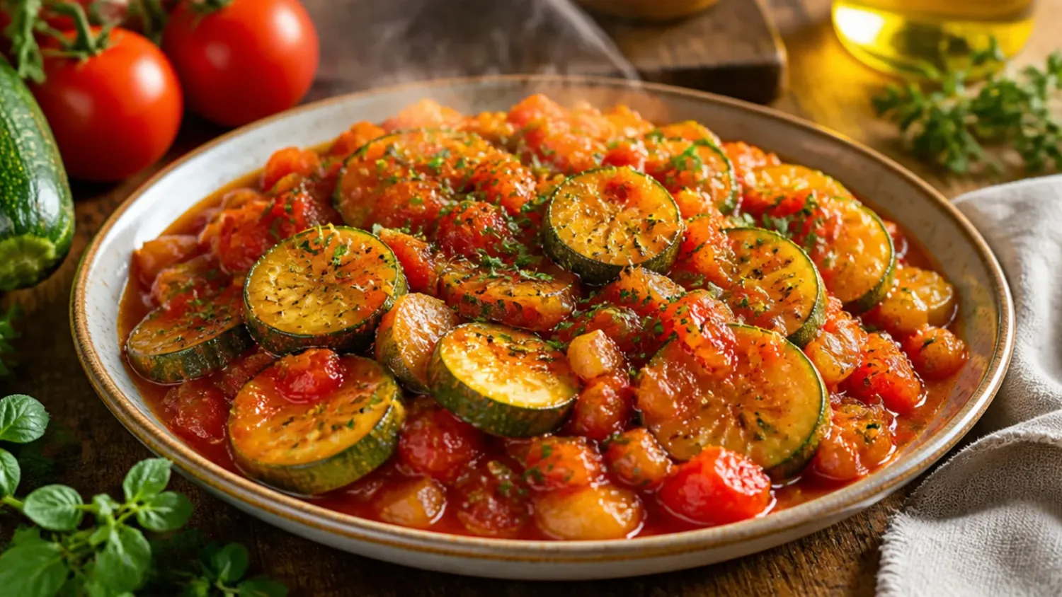 Overhead shot of a golden baked zucchini and tomato Parmesan casserole surrounded by fresh vegetables