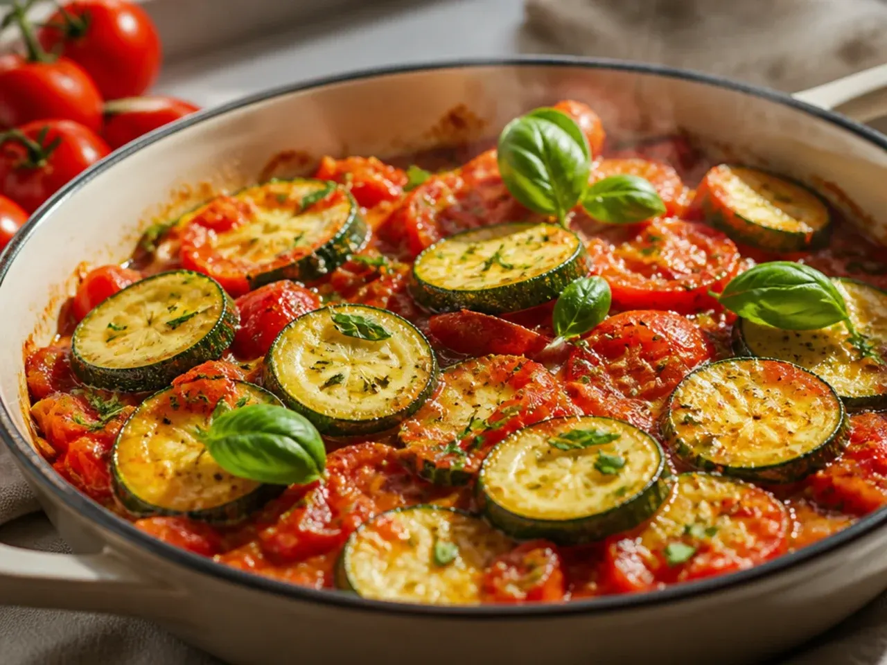 Sliced zucchini and ripe tomatoes arranged on a wooden board ready for cooking