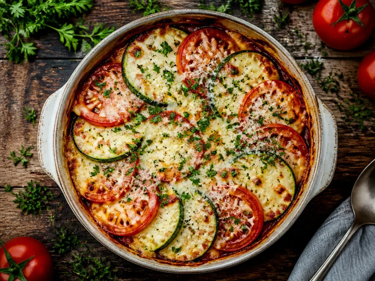Golden baked zucchini and tomato Parmesan casserole in a ceramic dish