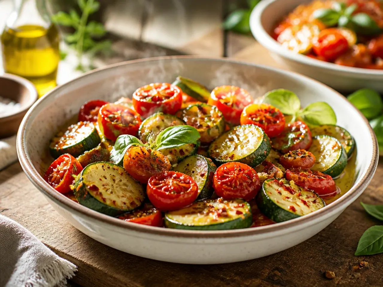 Zucchini and diced tomato cooking in a skillet on the stovetop