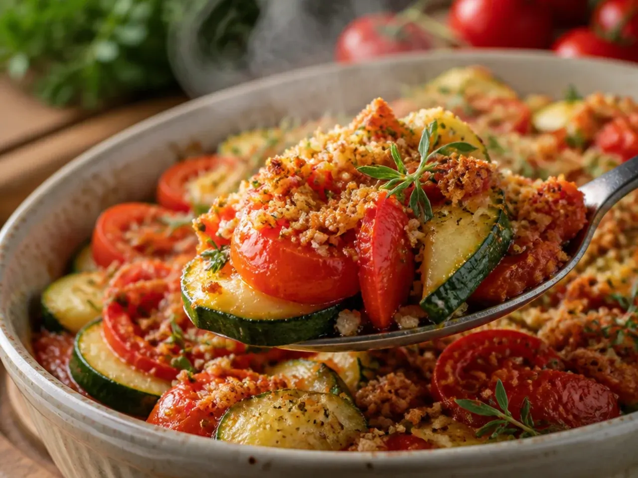 Raw zucchini ribbon salad with cherry tomatoes and feta in a white bowl