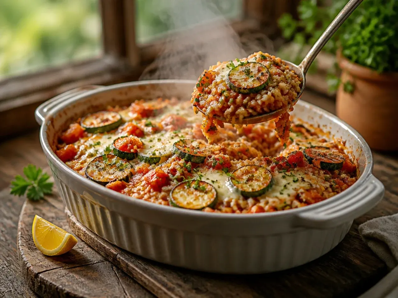 Cheesy zucchini tomato rice casserole in a baking dish, spoon resting inside