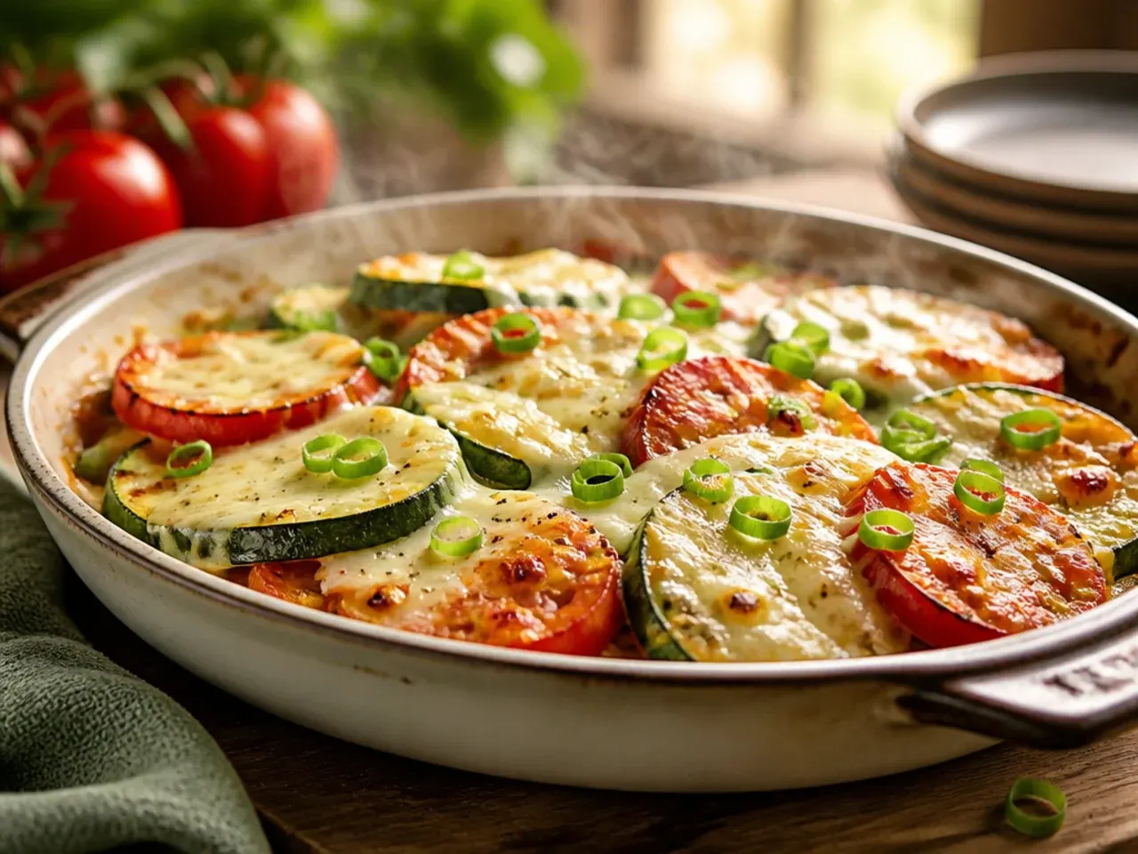 Melted mozzarella over baked zucchini and tomato slices with fresh basil