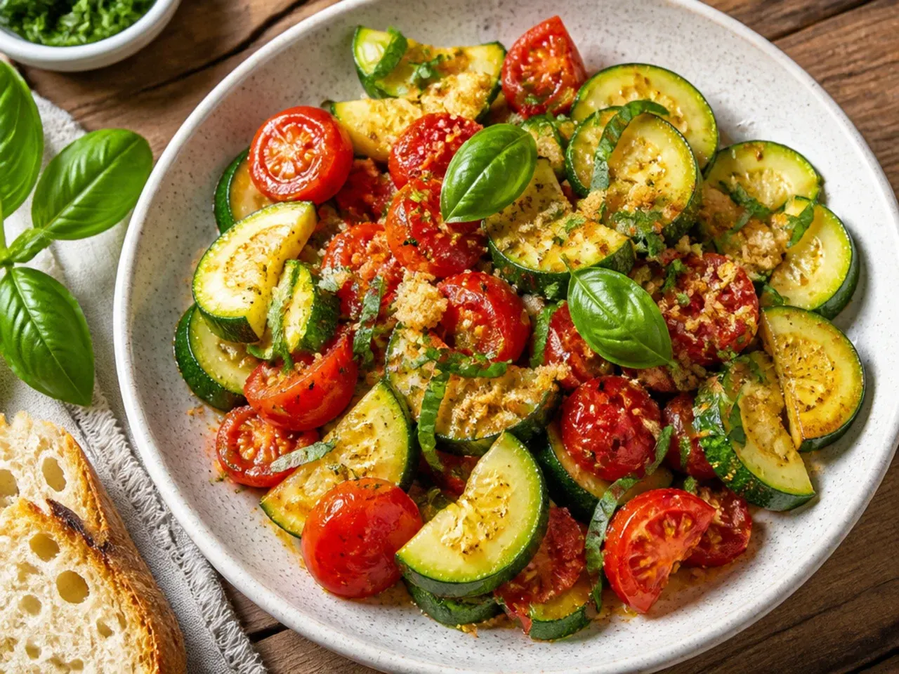 Simple sautéed zucchini and tomato side dish in a pan with butter