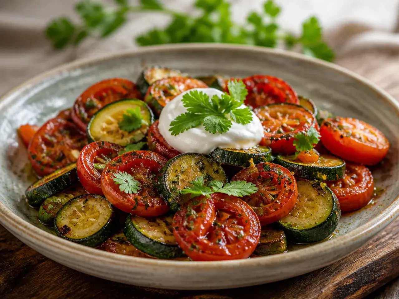 Balsamic-glazed roasted zucchini and tomatoes on a sheet pan