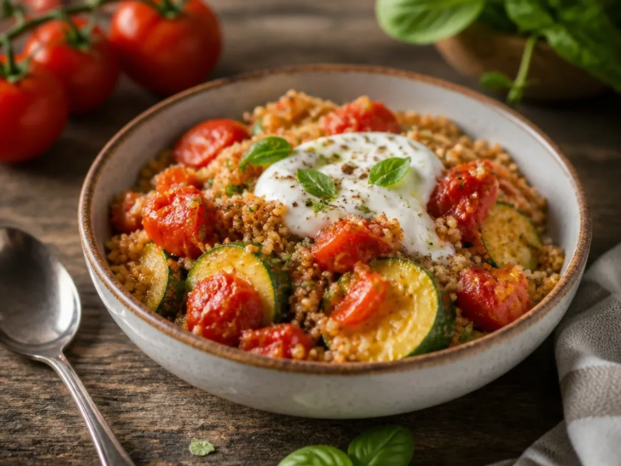 Wholesome baked zucchini tomato quinoa dish topped with crumbled feta