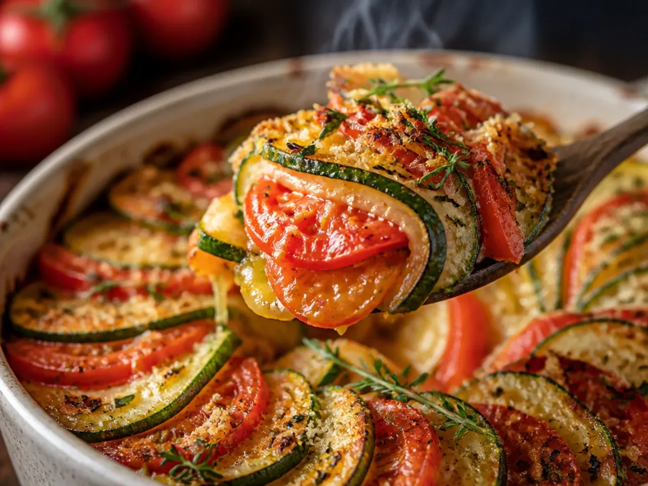 Rustic French tian with spiral-arranged zucchini and tomato slices