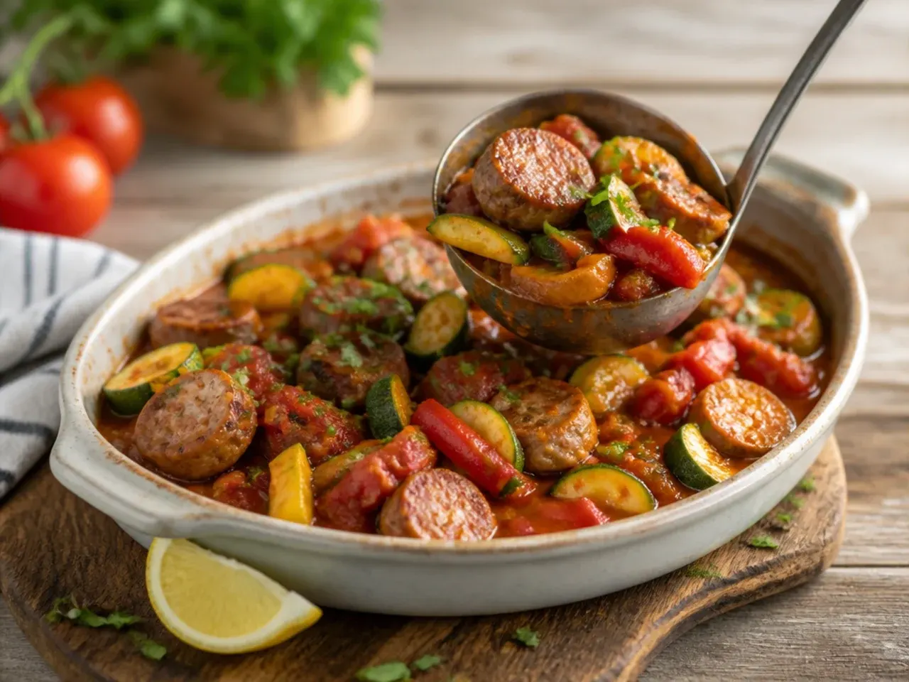 Loaded skillet of zucchini, tomato, peppers, and sliced sausage