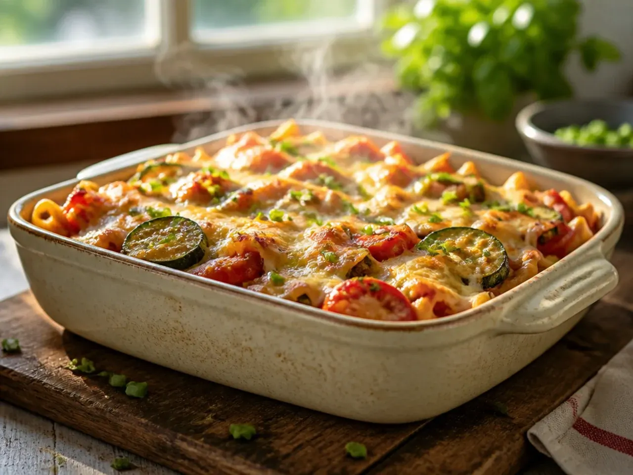 Family-size baked zucchini tomato pasta bake with melted cheese